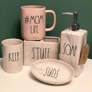 Rae Dunn Bathroom Set with mom mug.
